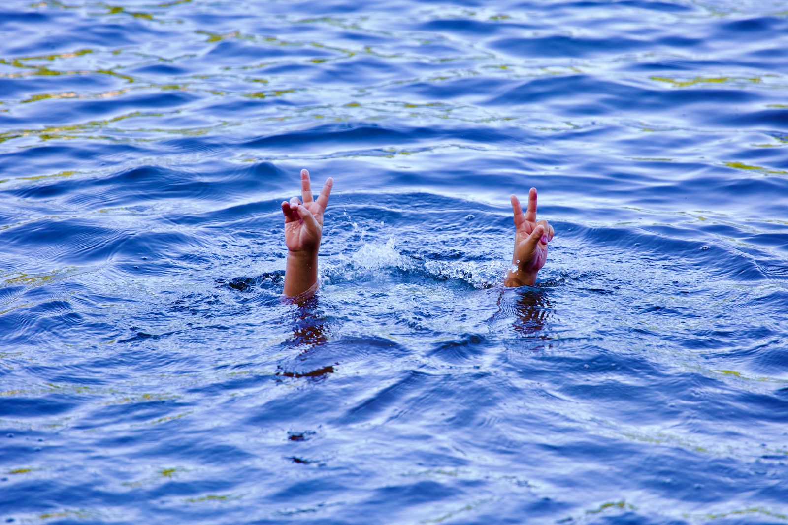 Hands emerge from the water, signaling for help.