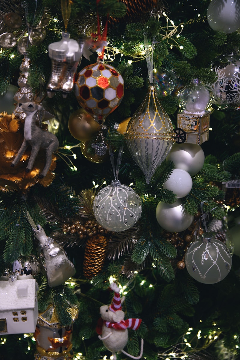 a christmas tree with ornaments and lights